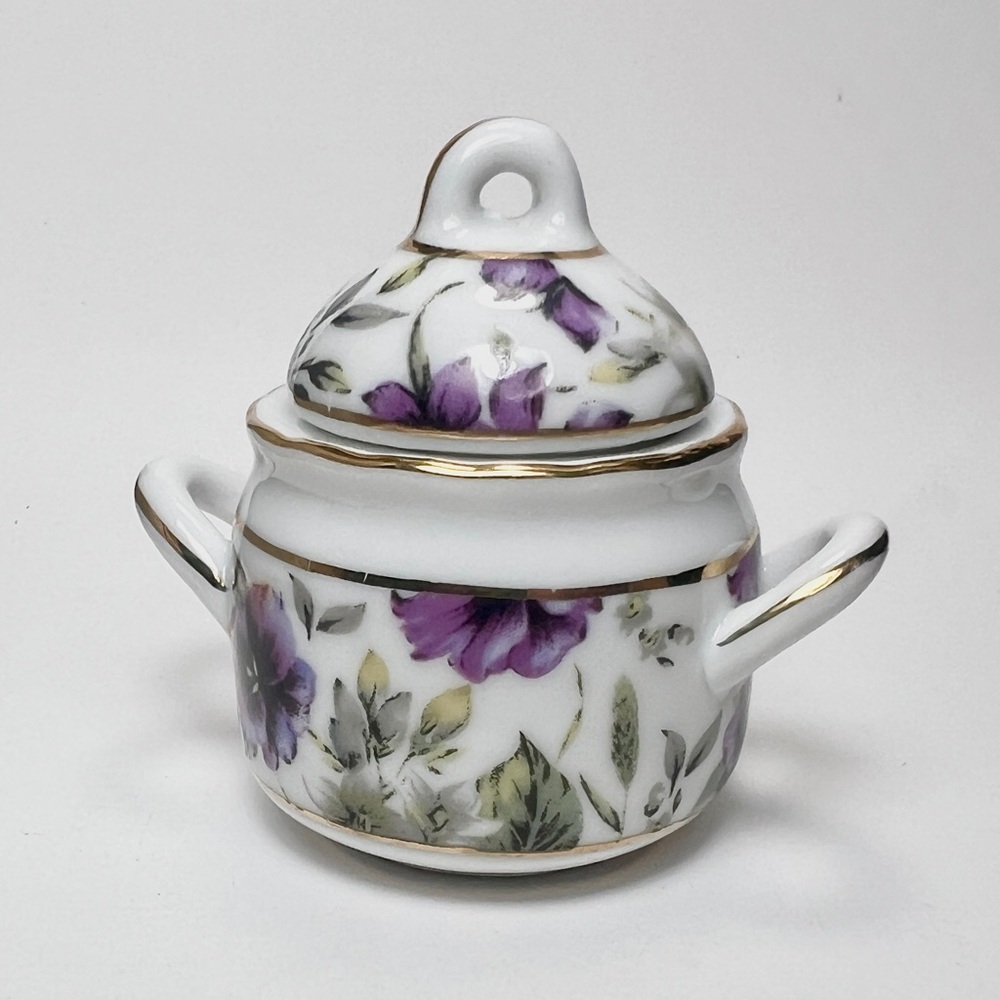 Vintage Hand-painted Porcelain Tea Party Sugar Bowl Purple Flowers Gold Rim